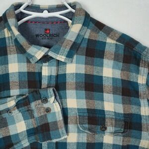 Vtg Woolrich Plaid Flannel Shirt Button Up Mens XL Actual Large Blue Beige Brown